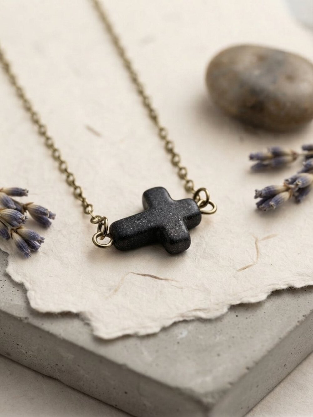 Gold Chain Necklace with Black Cross Bead Pendant
